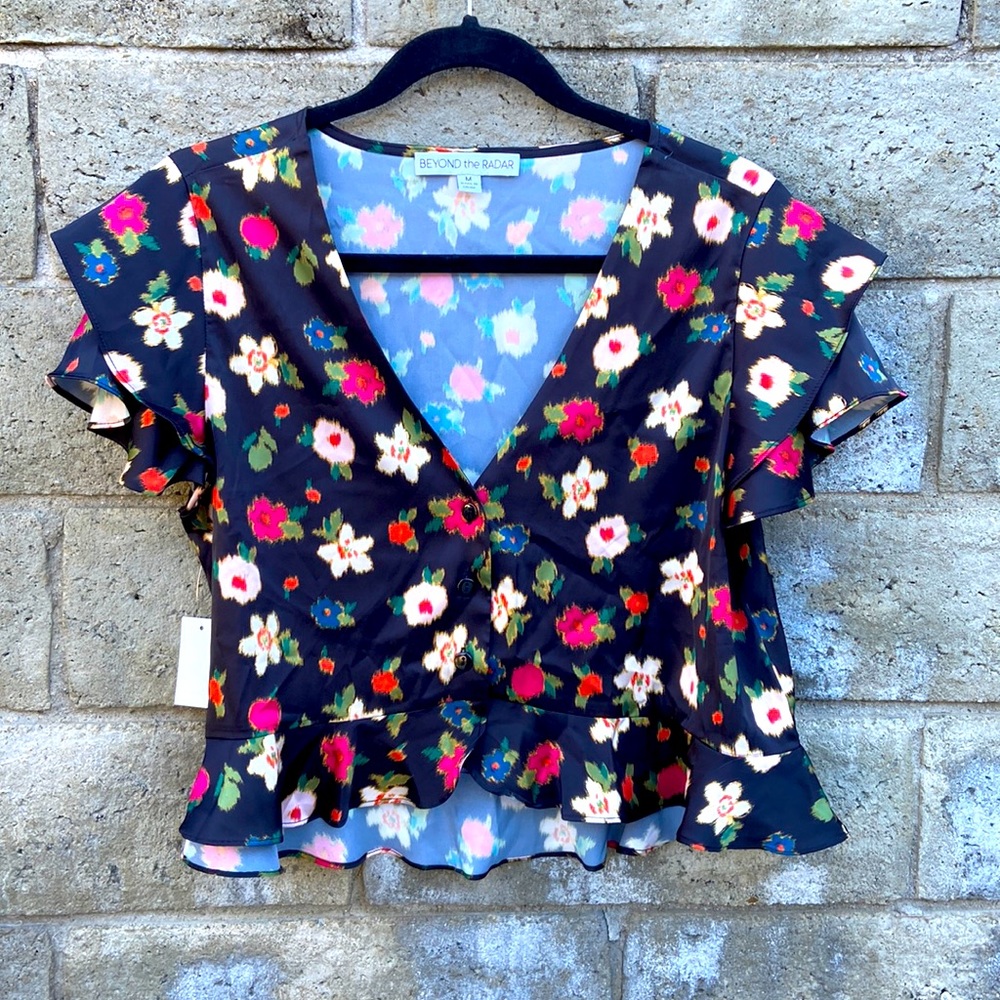 Beyond the Radar, M, Black floral satin blouse, 3 button, soft ruffle sleeves